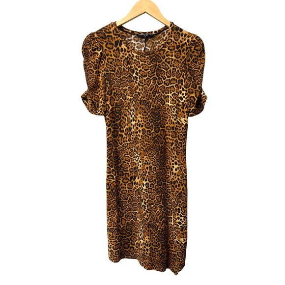 Generation Love Dresses & Skirts - Generation Love Mini Dress Womens Medium Brown Leopard Puff Sleeve Stretch Chic